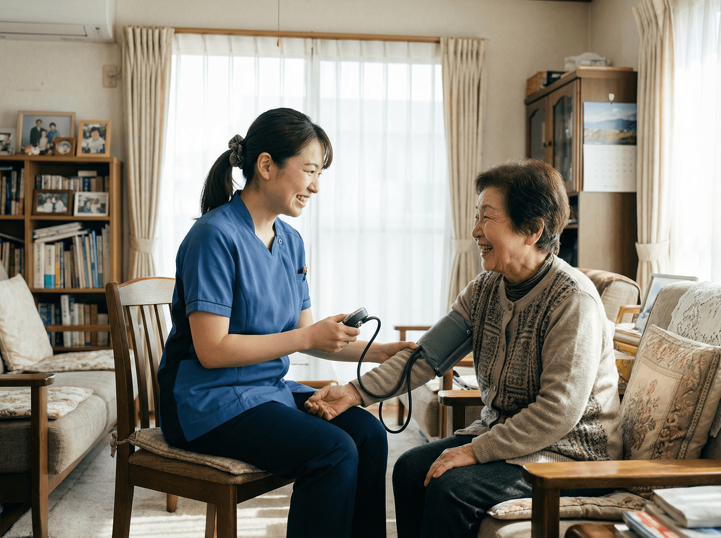 一般訪問看護:看護師が利用者様の血圧測定を行っている様子